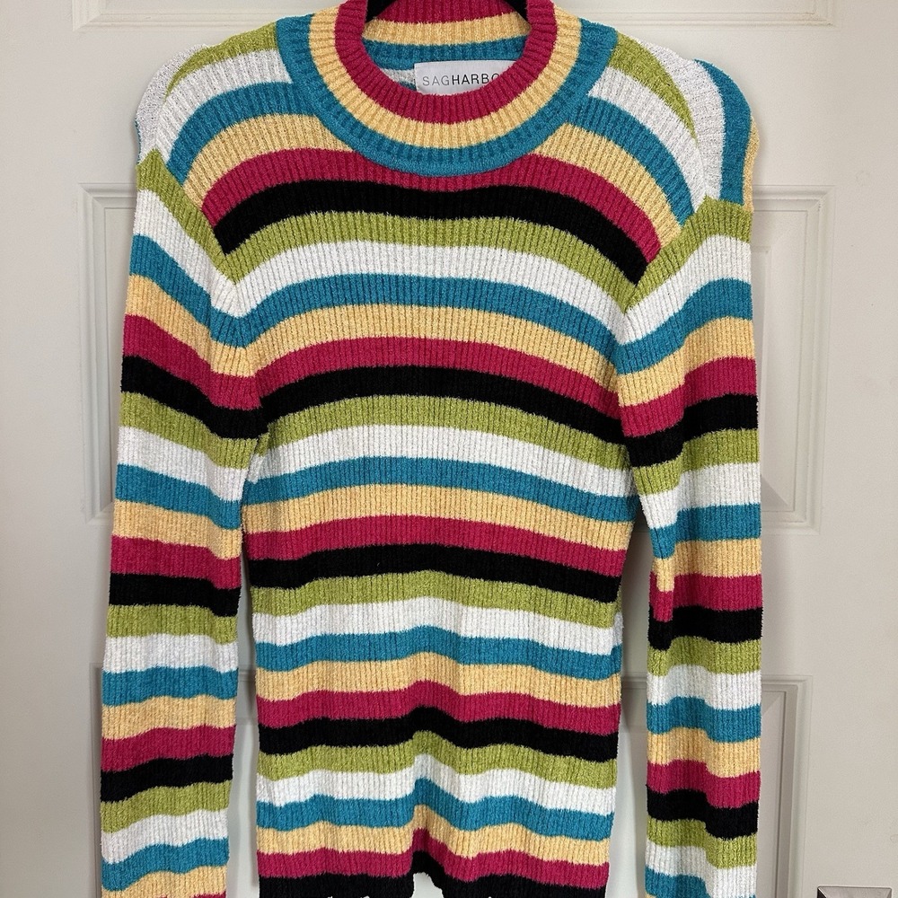 VTG Sag Harbor Women‎ SZ M Sweater Multicolor Striped Long Sleeve Retro Colorful - Picture 2 of 7